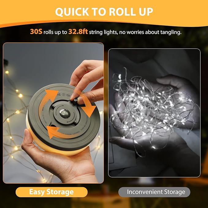 Camping String Lights, 4 in 1 Quick Storage 32.8FT Rechargeable Tent Lights with 9 Modes Hanging Waterproof Camp Lamp Camping Essentials for AwnTent Hiking Garden Bedroom Festival(Warm +RGB)-2Pack