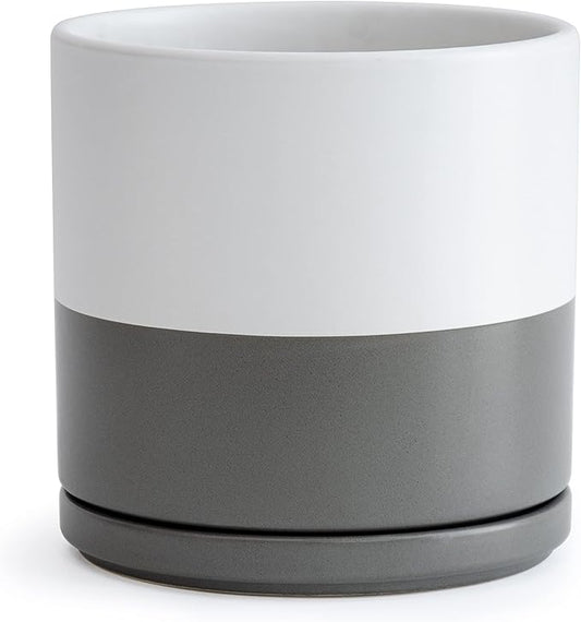 D'vine Dev 8 Inch Ceramic Planter Pot with Drainage Hole and Saucer, Indoor Cylinder Round Planter Pot, White/Speckled Grey, 94-O-D-6