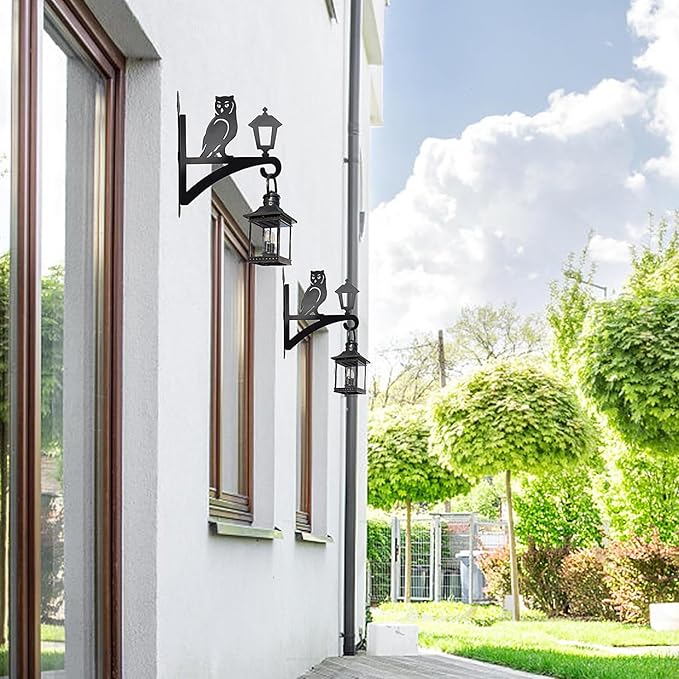 Iron Plant Hangers Outdoor, Metal Plant Hooks for Hanging Baskets, Bird Feeders, Lanterns, Flower Pots, Wall Mount Hanging Plant Holder (Owl & Street Light)