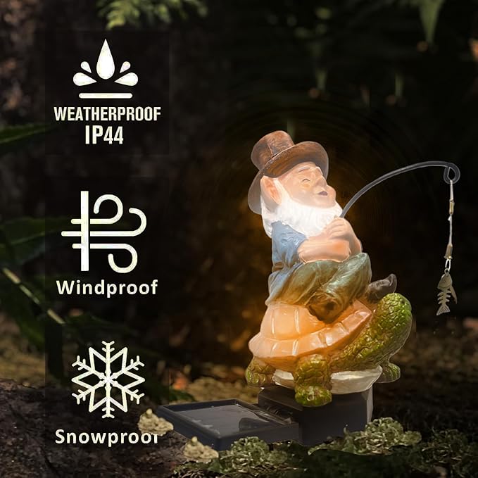 Garden Gnome Turtle solar LED Pond Statue Decoration, Fishing Gnome Turtle Garden Statue Outdoor Koi Pond or Waterfall or lawn Decor,5.3" Gnome turtle Fishing Poolside Statue contains ground insertion