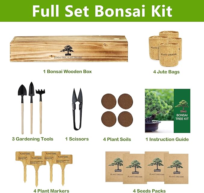 Bonsai Tree Kit, Bonsai Starter Kit with 4 Bonsai Tree Seeds, Tools & Planters, Bonsai Tree Live Plants Indoor, Gardening Gifts for Women Men Mom Father Plant Lover, Unique Christmas Gifts