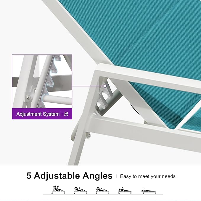 PURPLE LEAF Outdoor Chaise Lounge Adjustable Sunbathing Recliner with Armrest Blue 2 Sets