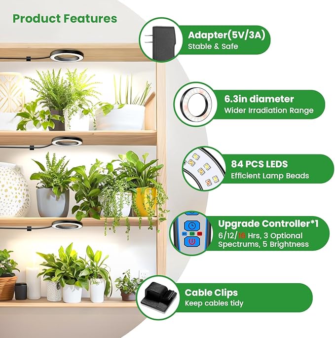 Wiaxulay 6.3” Grow Lights for Indoor Plants, 84 LED Full Spectrum Halo Plant Grow Light, 5V/3A Under Cabinet Growing Lamp with 6/12/16 Hrs, 3 Lighting Mode, 5 Dimmable Levels, Ideal for Indoor Plants
