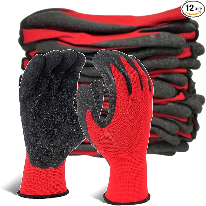 Evridwear Crinkle Latex Rubber Hand Coated Safety Work Gloves for Men Women General Multi Use Construction Warehouse Gardening Assembly Landscaping (M-Size) 12 Pairs Pack