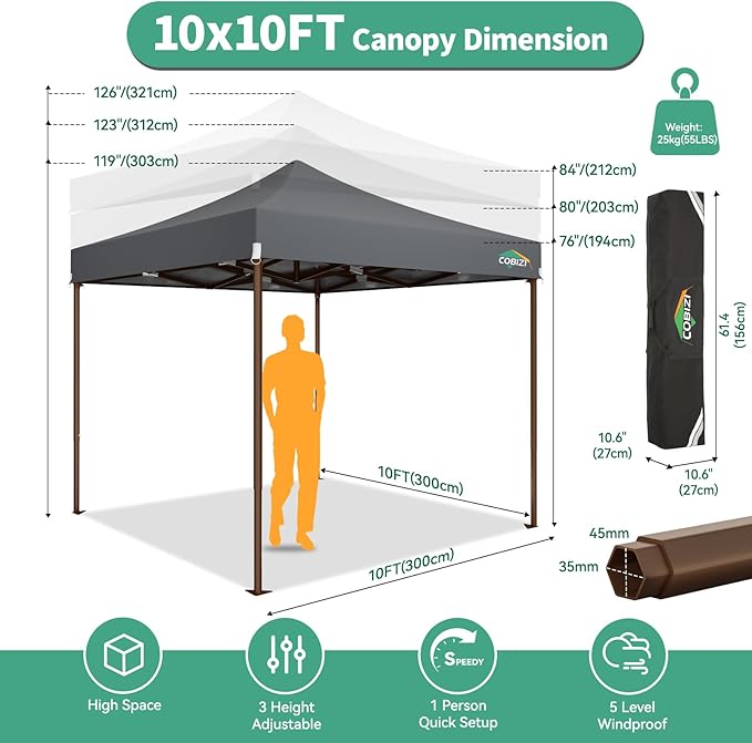 COBIZI 10x10 Pop Up Canopy Tent Heavy Duty with 4 Sidewall, Commercial Outdoor Easy Pop Up Gazebo for Party Wedding All Weather Waterproof UV 50+ with Carry Bag(Leg Upgraded),Gray