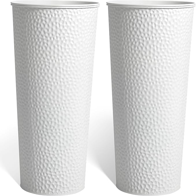 KOL 28" H. Tall Metal Cone Planters with Inner Pots 2-Pack, White Hand-Hammered Large Decor Planter for Deck, Patio, Porch - Handcrafted Flower Pot - with Water Level Indicator - Indoor Outdoor Use