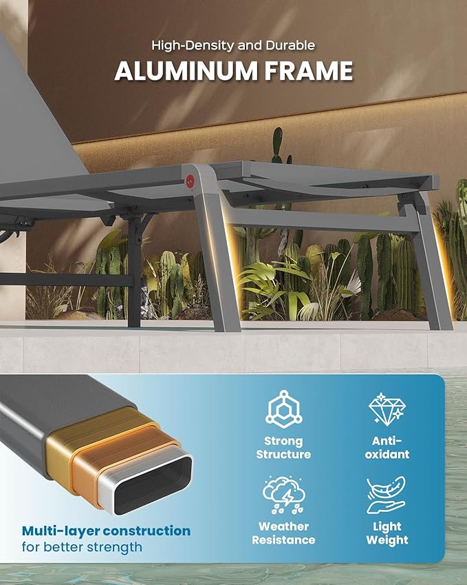 Chaise Lounge Outdoor, Foldable Aluminum Pool Lounge Chairs with 5 Positions Recliner - Free Assembly - Patio Chaise Lounge Chair for Poolside, Beach, Yard (Darkgray)