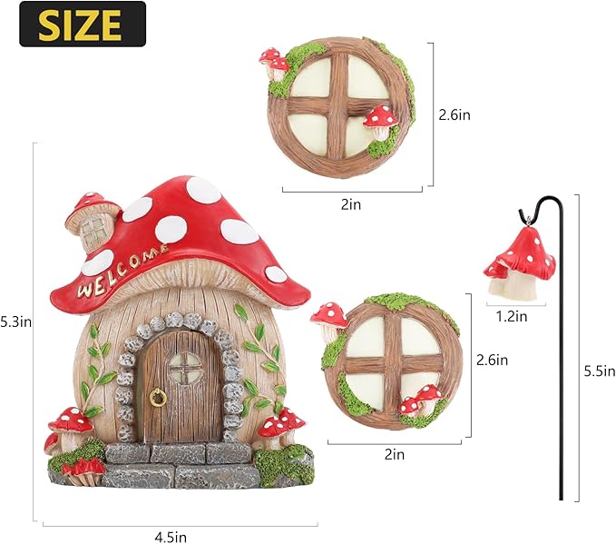 Miniature Fairy Garden Accessories Christmas Decorations Mushroom Fairy Door and Windows for Trees, Glow in The Dark Yard Garden Sculpture Lawn Ornament Outdoor Decor Accessories with Fairy Lantern