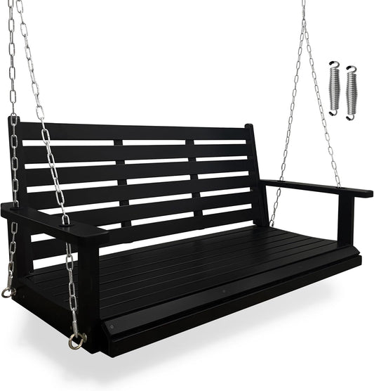 Wooden Porch Swing, Ergonomic Seat, Bench Swing with Hanging Chains and 7mm Springs, Heavy Duty 880 LBS, for Outdoor Patio Garden Yard (Matte Black, 2-Seater Extra Large)