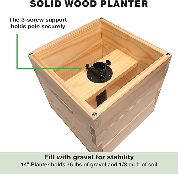 Excello Global Products Wooden Planter Box Set with 10' String Light Pole - 14"x14", Ready to Assemble.