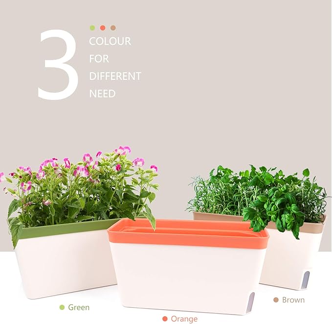 OurWarm Windowsill Herb Planter Box, Set of 3, Self Watering Plant Pots, 10.5 Inch Rectangular Planter Pots, Decorative Garden Flower Pots for indoor plants, Herbs, Vegetables, Flowers (3 Colors)