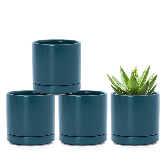 D'vine Dev Set of 4 Small Ceramic Plant Pots, 3.5 Inch Succulent Planter Pot for Plants with Drainage Hole and Saucer, Teal, 94-X-A-9