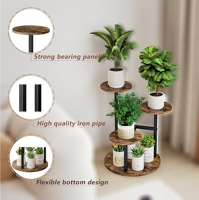 Plant Stand Indoor 4 Tier 5 Potted Multiple Flower Pot Holder for Patio Garden Balcony Living Room Corner (4 Tier Black+Rustic Brown)