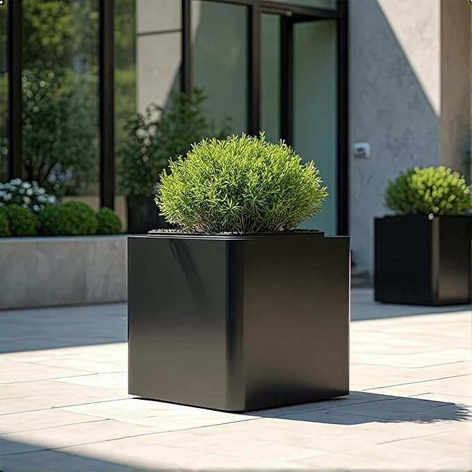 Large Metal Square Planter 24" L x 24" W x 24" H, Heavy Duty Black Large Outdoor Planters with Drainage Hole for Porch/Patio/Garden
