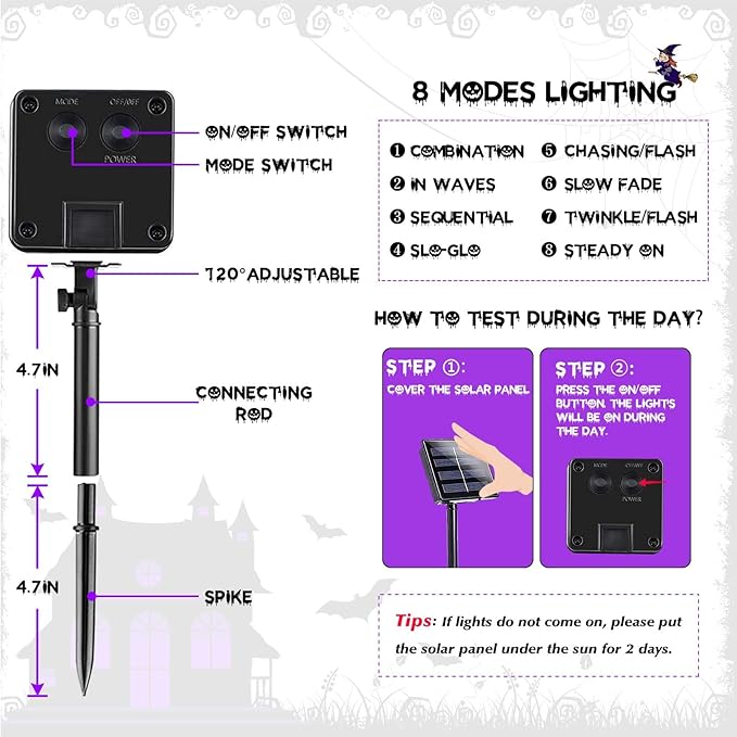 EEW 2 Pack 200 LED Solar Halloween Lights Outdoor Waterproof, Solar String Lights for Outside, Solar Powered Tree Light with 8 Lighting Modes for Xmas Party Garden Yard Halloween Decorations (Purple)