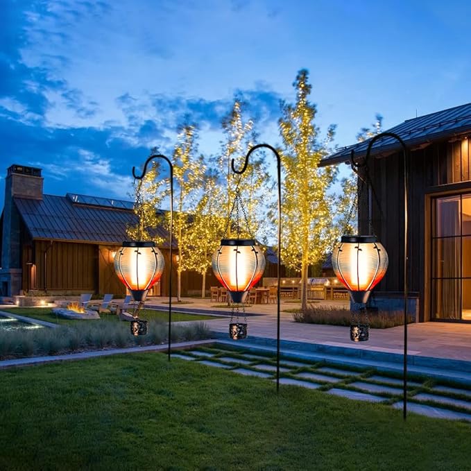 Starsoul 2 PC Blue Hot Air Balloon Solar Lantern Glass Solar Hot Air Balloon Flickering Flame Hanging Garden Light Waterproof Garden Yard Farmhouse Decor