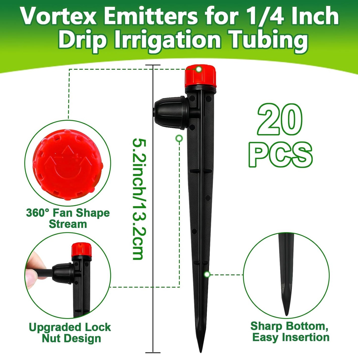 20 Pieces Drip Irrigation Emitters, Adjustable 360 Degree Drip Stream Emitters on 5" with Stake for 1/4" Drip Irrigation Tubing Irrigation 8 Hole Stream Drippers for Garden Watering System