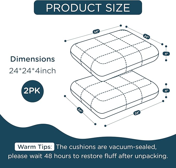 Codi Outdoor Cushions for Patio Furniture 24x24 Inch, Waterproof Chair Seat Cushion with Textured Fabric, Handles & Adjustable Straps, Fade Resistant - Set of 2, Navy Blue