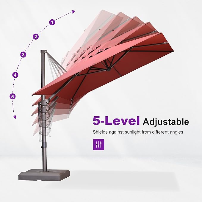 PURPLE LEAF 10' X 13' Patio Cantilever Umbrella Rectangle Umbrella Outdoor with Aluminum Offset Hanging and 360° Rotation for Pool Garden Deck Patio, Brick Red