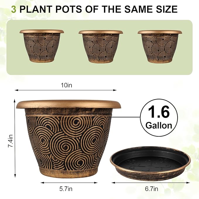 10 Inch Flower Pots Planters for Indoor Outdoor Plants, 3 Pack Plastic Large Plant Pots with Drainage Hole & Tray, Modern Decorative Garden Pot with Saucer, Plant Container for House