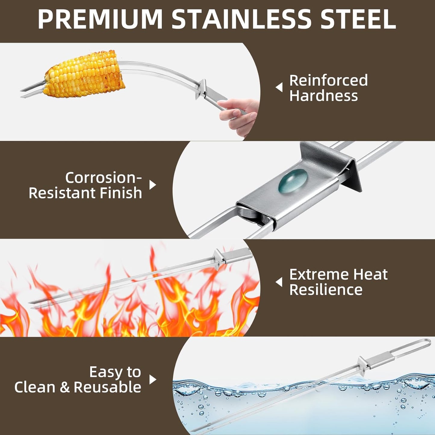 13inch 12(packs) Double Fork Flat Stainless Steel BBQ Skewers with Push Bar, Reusable Skewers for Grilling Kabob Skewer for Meat, Vegetable, BBQ Accessories