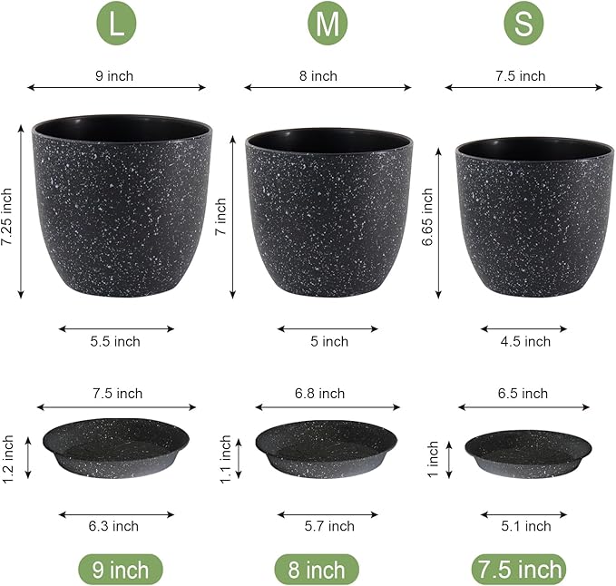 9/8/7.5 inch Plant Pots, Set of 3 Modern Decorative Plastic Planters with Drainage Holes and Saucer for Garden House Plants, Flower Pots for Indoor Outdoor Plants, Speckled Black