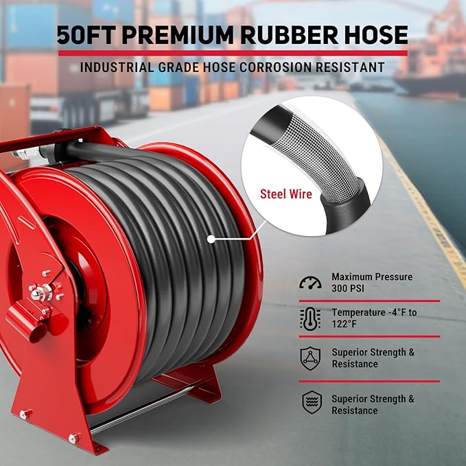 Fuel Hose Reel, Retractable 1" x 50' Extra Long Diesel Hose, 300 PSI Industrial Carbon Steel Diesel Hose Reel Auto Swivel Rewind with Fueling Nozzle for Vehicle Tank Truck Trailer Ship