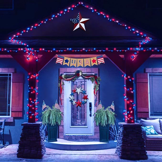 JMEXSUSS 2 Pack Red White and Blue Solar Lights 100LED 33ft Patriot Solar String Lights Waterproof, 8 Modes 4th of July Lights for Independence Day, Gardens, Tree, Outdoor 4th of July Decorations