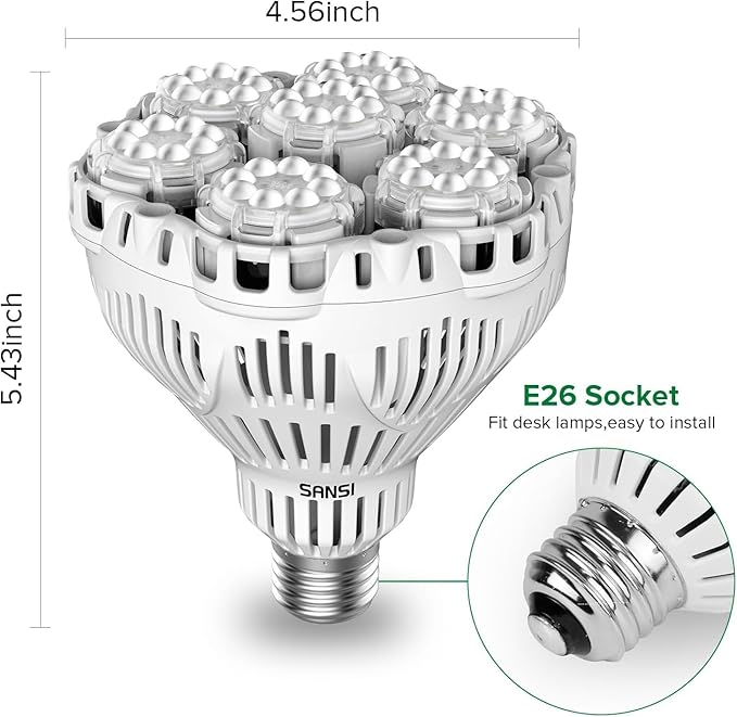 SANSI Dimmable Grow Light Bulb Full Spectrum, High PPFD 40W (600 Watt Equiv) with Remote, Auto On Off Timing 4 8 12 Hrs, Energy Saving Plant Light Bulb with E26 Base for Indoor Plants