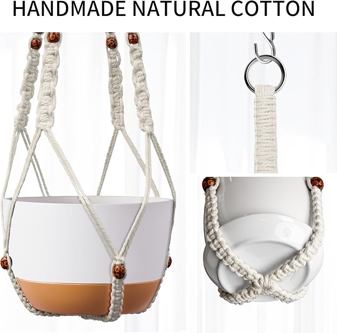 43 Inch Macrame Plant Hanger - Fits 6-15 Inch Pots, Extra Long Hanging Planter Holder for Indoor Outdoor, with Red Wood Beads, Boho Home Decor, 2 Pack, Ivory (POTS NOT Included)