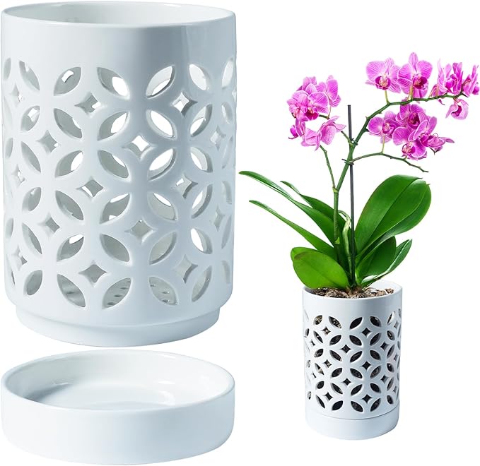 Orchid Pot with Holes & Saucers, Ceramic Pots for Repotting, Breathable Slotted Orchid Pots Flower Plant Nursery Pot White 4 Inch