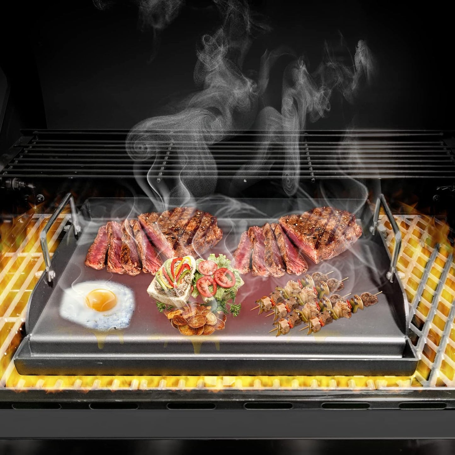 Griddle for Gas Grill, Flat Top Cast Iron Griddle Insert for Outdoor Gas Grill, 17" x13" Nonstick Coating Cooking Skillet Pan Teppanyaki for Weber Charbroil Camp Chef and Gas/Charcoal/Electric Grill