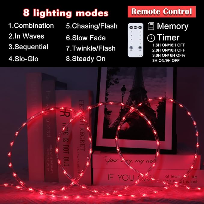 Red Rope Lights Outdoor, 50Ft 600 LED Valentine's Day String Light, Waterproof Tube Light Plug in 8 Modes Timer Memory, Halloween, Christmas Lights Outdoor Decorations for Tree Garden Party
