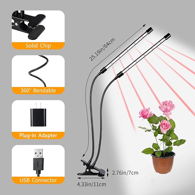 Grow Lights for Indoor Plants, 168 LEDs Clip Plant Lights, Full Spectrum LED Plant Growing Lamps with Flexible Gooseneck 4/8/12/18H Timer, 3 Spectral Modes, 10 Dimmable Levels, 2 Pack