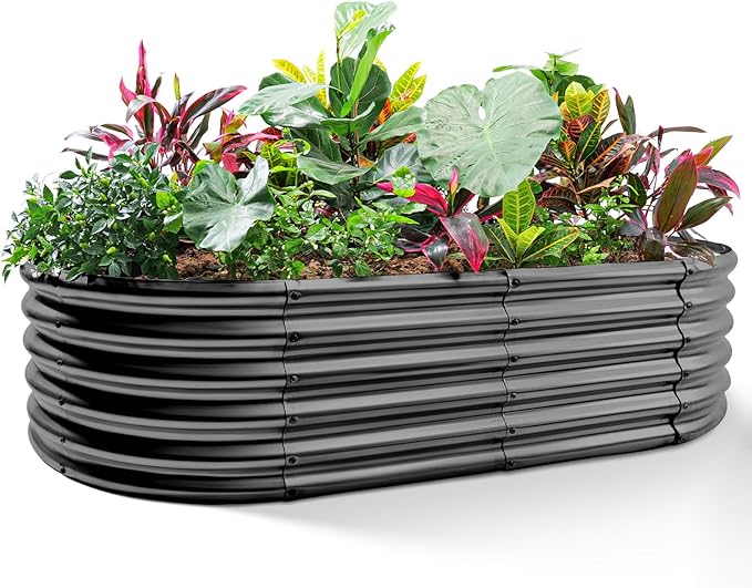 Land Guard Galvanized Metal Raised Garden Bed Kit, 8x4x1.5ft Large Planter Boxes Outdoor, Oval Gardening Box, Patio Garden Planter Box for Vegetables (Grey)