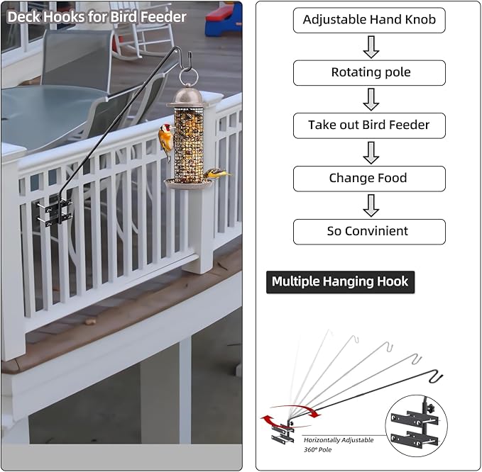 Deck Hook-Deck Railing Plant Hanger Outdoor,Bird Feeder Hanger for Deck Railing W/Non-slip Pads, Fence Shepherds Hooks Bracket for Hanging Hummingbird Feeder,Planter,Flower Baskets-360°Rotating Pole