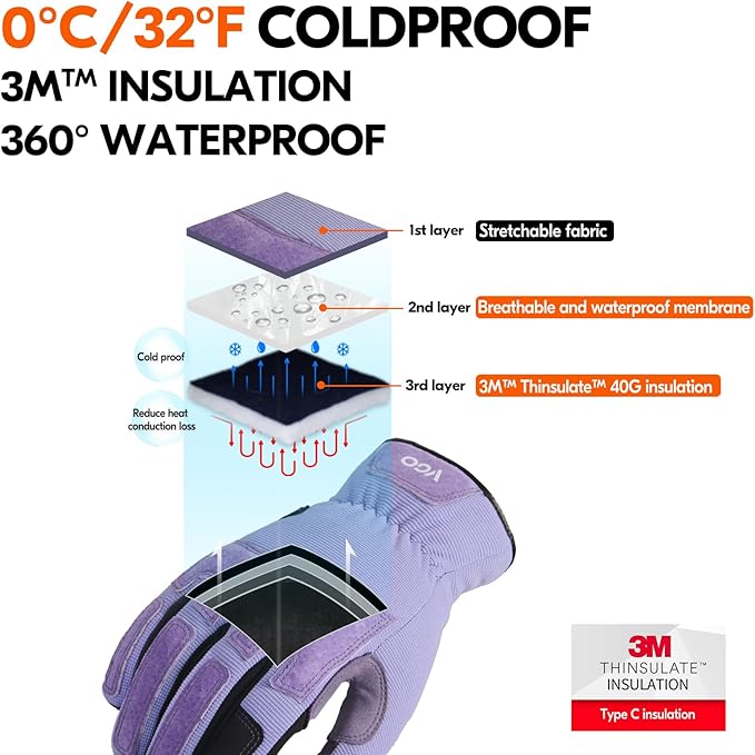 Vgo... Winter Gardening Gloves Women,Safety Work Gloves, Puncture-proof,Thornproof,Touchscreen(1 Pair,S,Purple,SL7471FLWP)