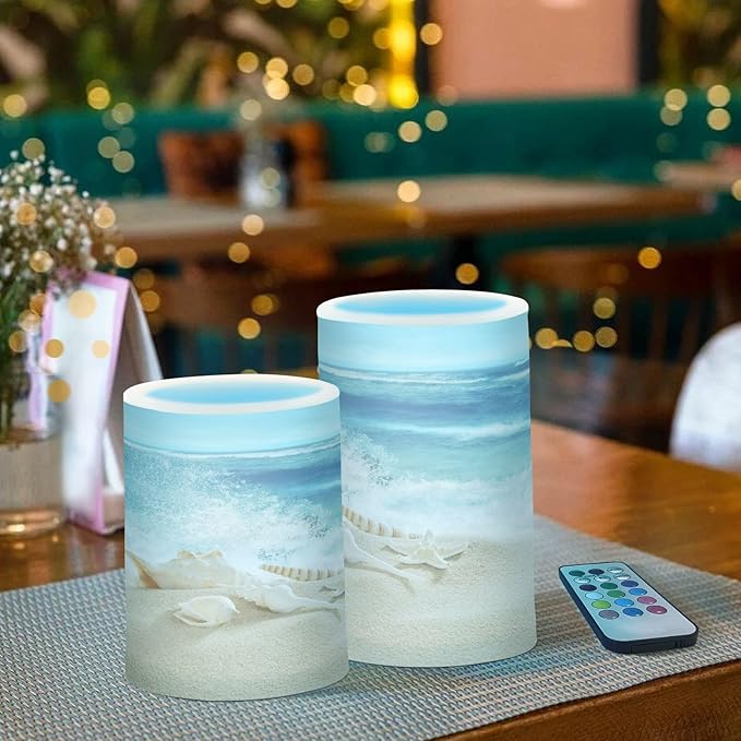 Flickering Flameless Candles, Shells Summer Sandy Beach LED Candles with Remote Timer, Set of 2 Battery Operated Candle for Valentine Wedding Birthday