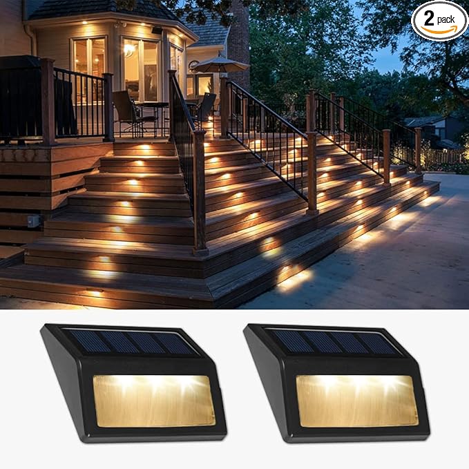 Solar Lights Outdoor, Waterproof Solar Powered Deck Step Lights for Patio Garden Backyard Garage Driveway Pathway Outside Wall Lighting (Warm White/2 Pack)