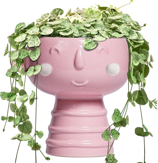 Smiley Face Planter - 7 Inch Ceramic Head Planter for Indoor Outdoor Plants, Cute Succulent Pots with Drainage Hole, Decorative Flower Pots, Home Room Desk Decor, Birthday Gifts, Bright Pink