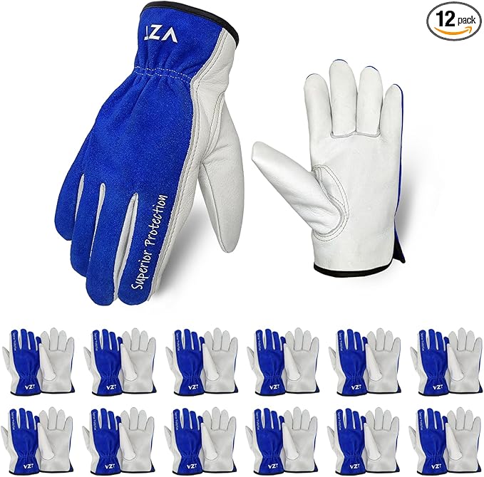 12 Pairs Bulk Leather Work Gloves for Men or Women for Construction, Wood cutting, Driving, Gardening, Automotive Repair, Water Resistant, Soft, Cowhide, Class 4 Abrasion Resistant, Blue-White, XL