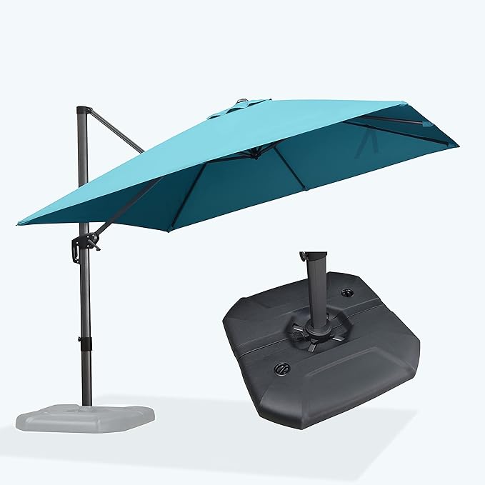 PURPLE LEAF Patio Umbrella with Base 10 Feet Outdoor Cantilever Square Umbrella Aluminum Offset Umbrella with 360-degree Rotation for Garden Deck Pool Patio, Turquoise Blue