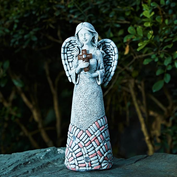Angel Garden Statues Outdoor Solar Decor Gifts for Women Cross Praying for Cemetery Backyard Lawn Yard Decoration（10.24inch）