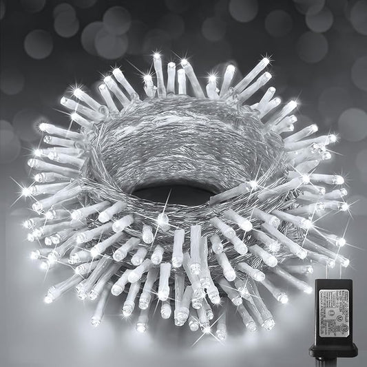 KNONEW Christmas String Lights Indoor Plug in,60FT 180LED Outdoor Waterproof Fairy Lights,8 Lighting Modes,Timer Memory Function for Bedroom Patio Balcony Party (Cool White)