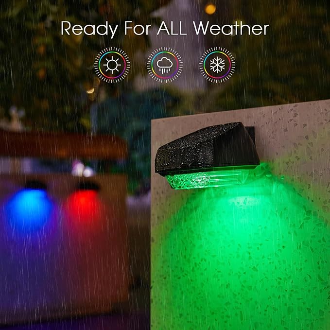 Solar Step Lights Outdoor Waterproof, 4 Pack RGB & 7 RGB Outdoor Solar Lights for Fence with 2 Lighting Modes, Solar Powered Deck Lights for Step Stairs Garden Yard