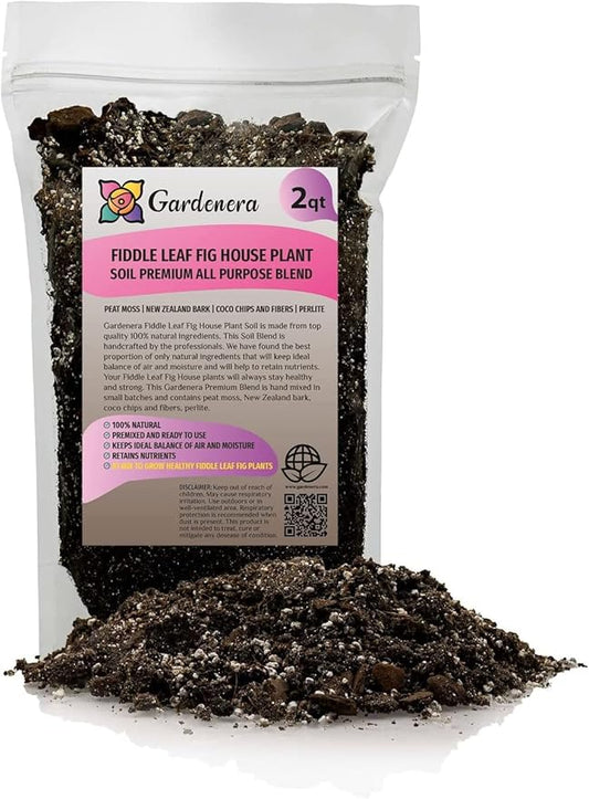 Fiddle Leaf Fig House Plant Soil Premium All Purpose Blend - Peat Moss, New Zealand Bark, Coco Chips and Fibers, Perlite - 2 Quart Bag