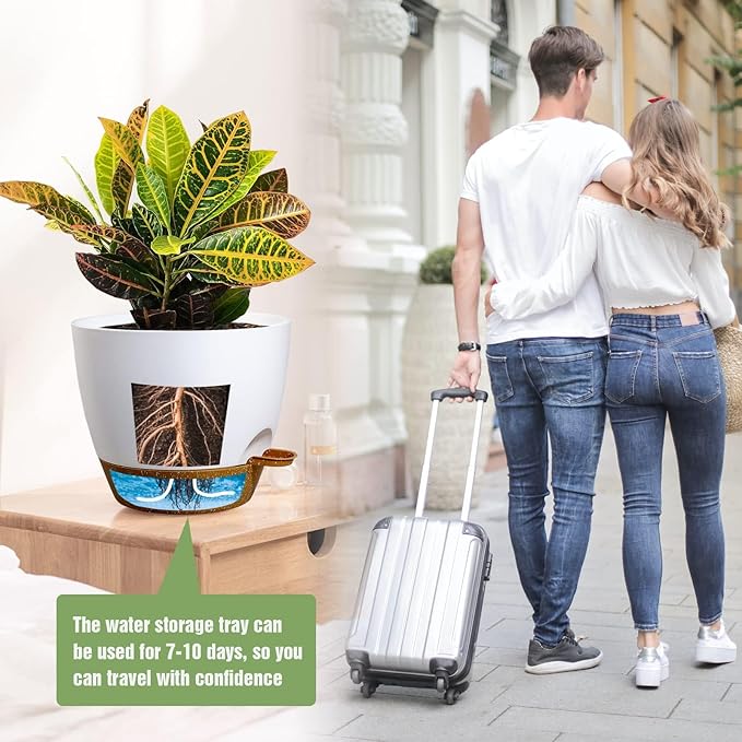 10/9/8 inch Self Watering Pots, Set of 3 Plastic Planters with Mesh Drainage Holes and Deep Reservoir for Indoor Outdoor Garden Plants and Flowers, White with Brown