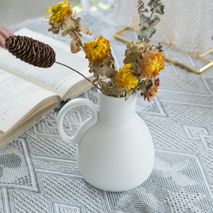 White Ceramic Vase Set - 2 Small Vases with Handle, Pottery Vases for Modern Home Decor, Minimalist Matte Pitcher for Fowers, Decorative Clay Vase Centerpiece Dining Table Decorations