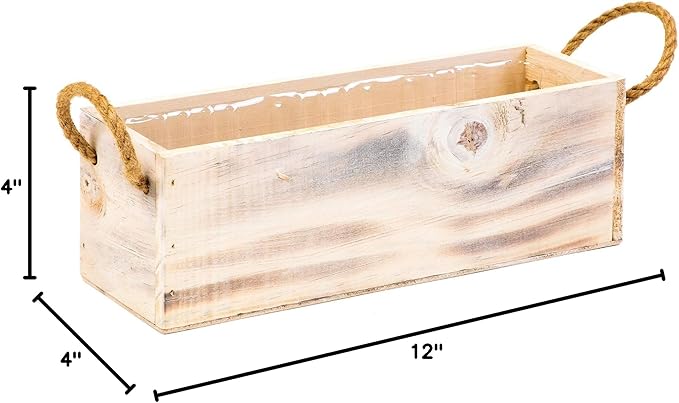 Wooden Planter Box with Handle, Rustic Whitewash, Plastic Liner l Garden Decor l Restaurant and Wedding Decorations l Table Centerpiece (12x4 w Handle Set of 4, Whitewash)