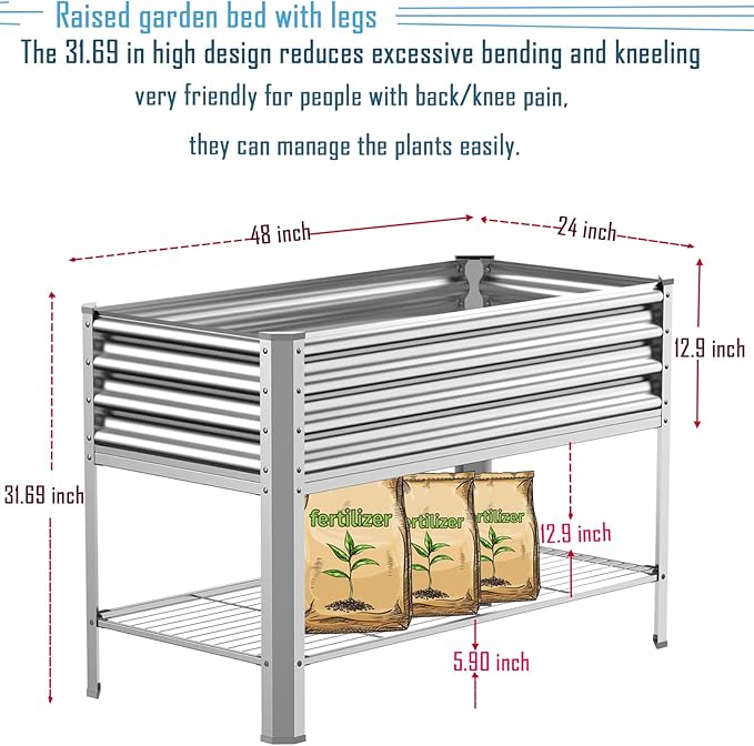 Raised Garden Bed with Legs, Galvanized Raised Planter Box with Storage Shelf and Drainage Holes, 48×24×32 Inch Large Metal Garden Bed Kit for Balcony, Backyard, Patio Lasts for Years of Use.